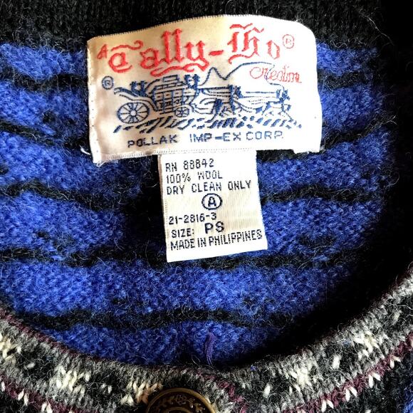 Tally-Ho Vintage Wool Cardigan with Flowers and Contrast Trim size PS - Picture 8 of 8